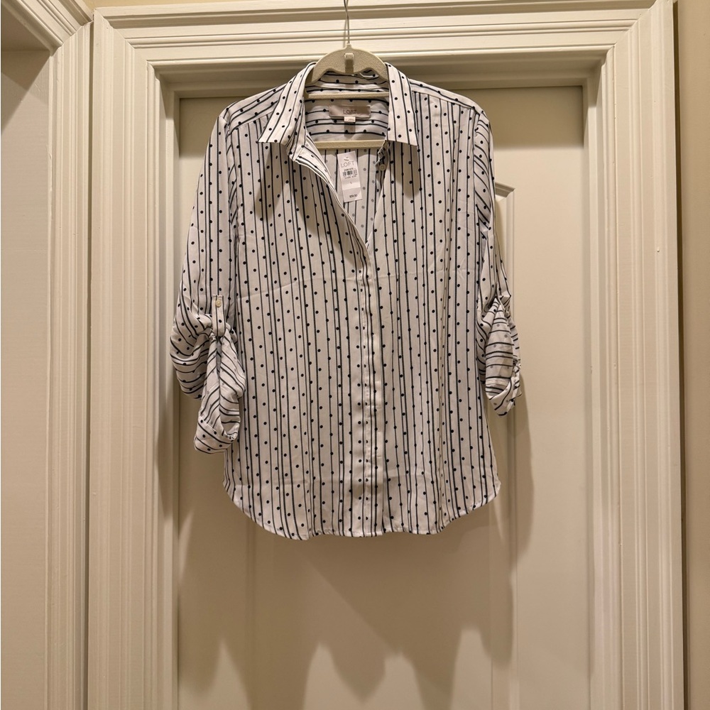 NWT-LOFT Monochrome Striped and Dotted Top